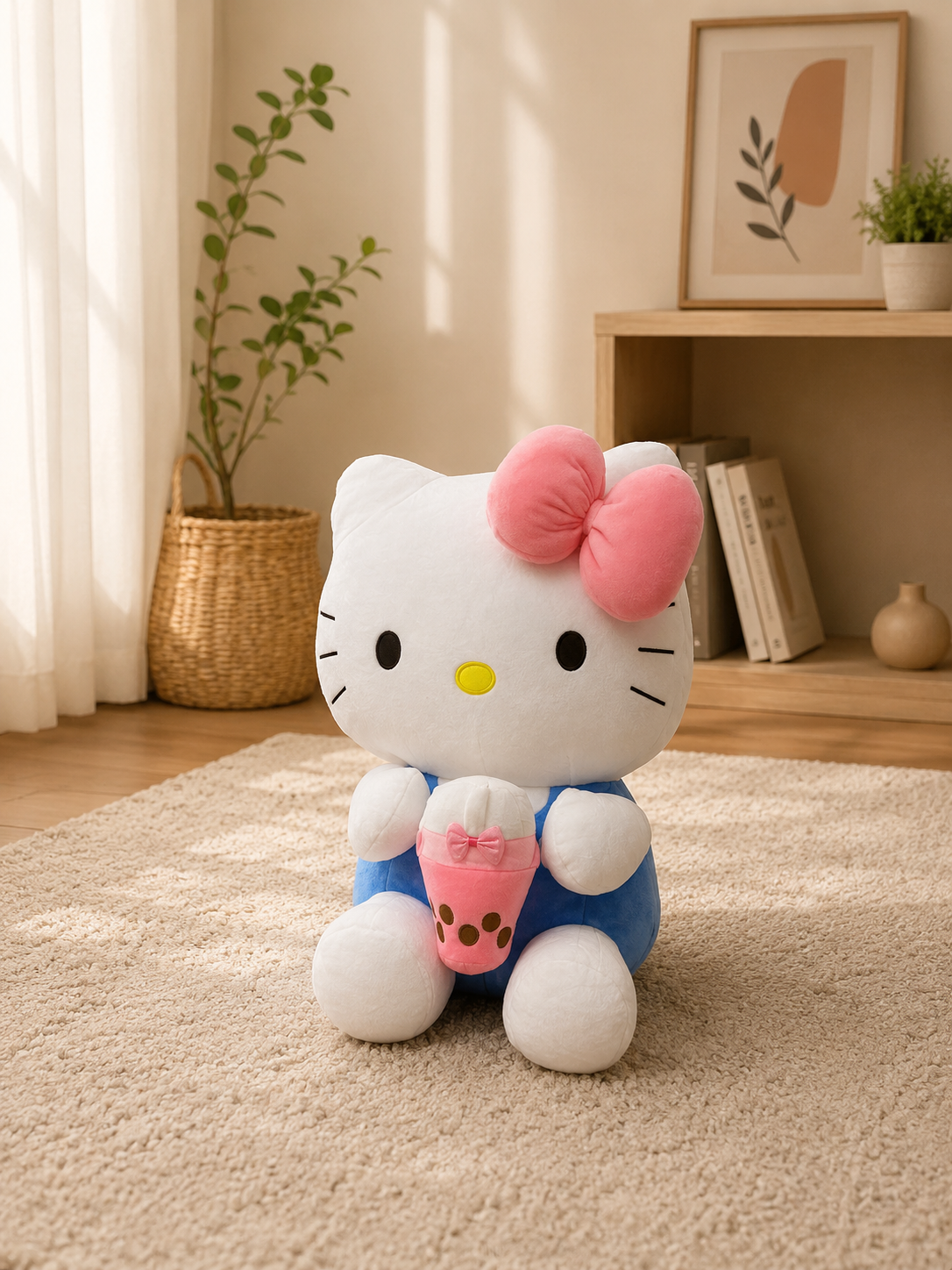 Pink Bow Kitty Plush – Cute Milk Tea Cuddle Toy
